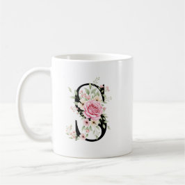 Caneca De Café Elegant Alphabet Coffee Cup with Pink Rose Design