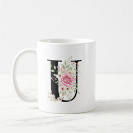 Caneca De Café Elegant Alphabet Coffee Cup with Pink Rose Design