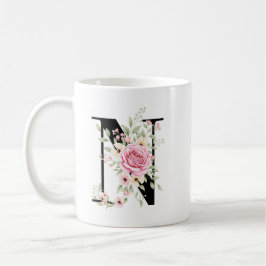 Caneca De Café Elegant Alphabet Coffee Cup with Pink Rose Design