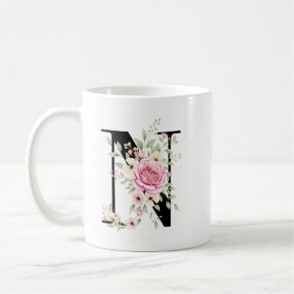 Caneca De Café Elegant Alphabet Coffee Cup with Pink Rose Design