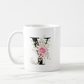 Caneca De Café Elegant Alphabet Coffee Cup with Pink Rose Design