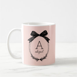 Caneca De Café Elegant Black Bow Initial Chic Blush Pink Monogram