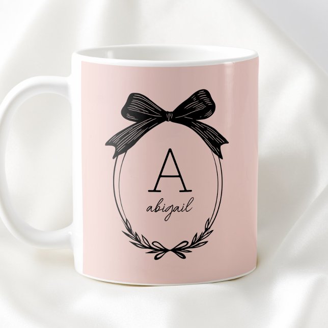 Caneca De Café Elegant Black Bow Initial Chic Blush Pink Monogram (Elegant Black Bow Initial Chic Blush Pink Monogram Coffee Mug)