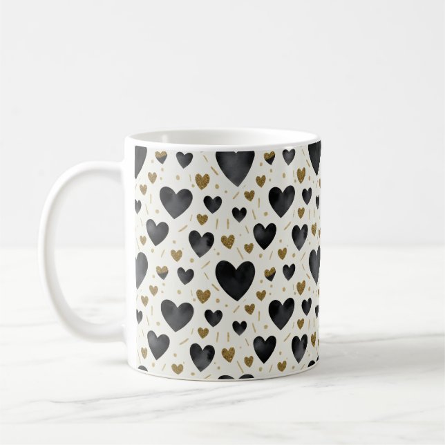 Caneca De Café Elegant Black Watercolor & Gold Glitter Hearts (Esquerda)