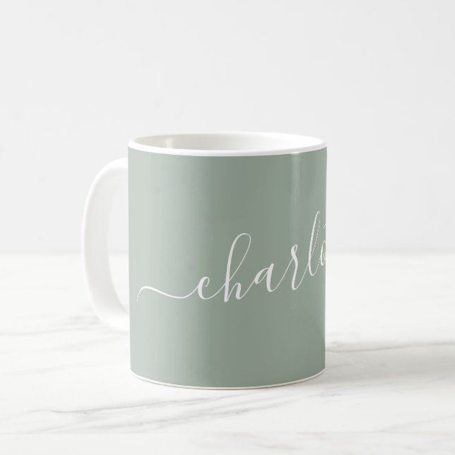 Caneca De Café Elegant Dusty Sage Script Modern Name Personalized (Frente Esquerda)