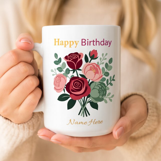 Caneca De Café Elegant Floral Happy Birthday Personalized Name  (Criador carregado)