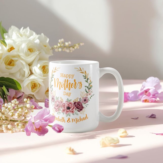 Caneca De Café Elegant Floral Happy Mother’s Day Personalized Mug (Criador carregado)