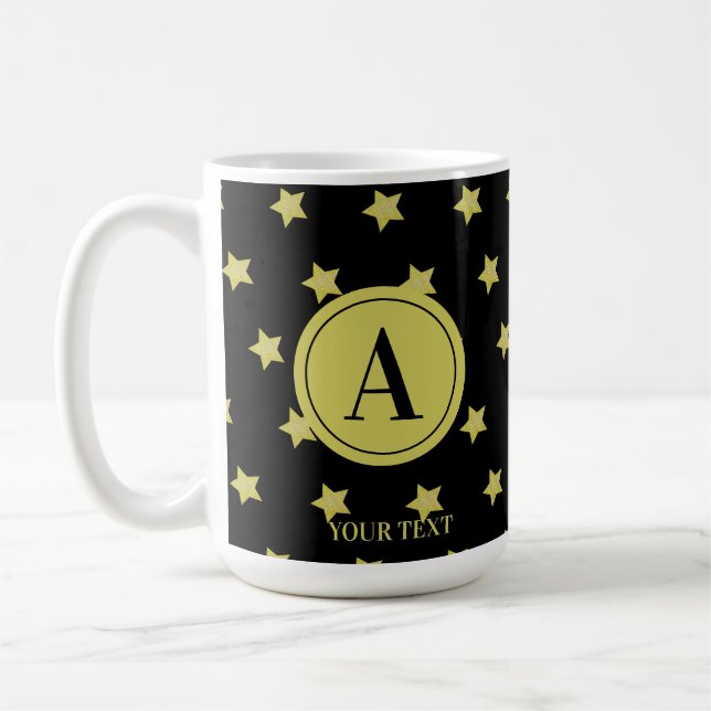 Caneca De Café Elegant Gold & Black Star Pattern Monogram (Esquerda)