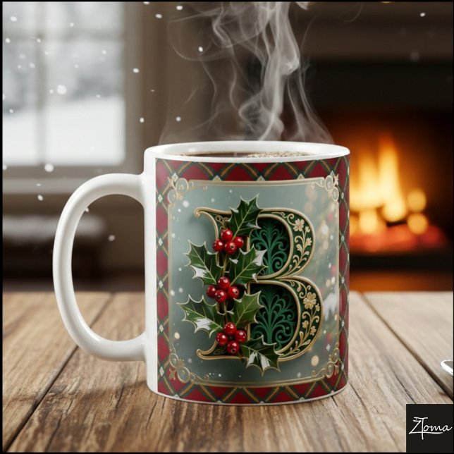 Caneca De Café Elegant Gold Holly Christmas Initial Letter B (Criador carregado)