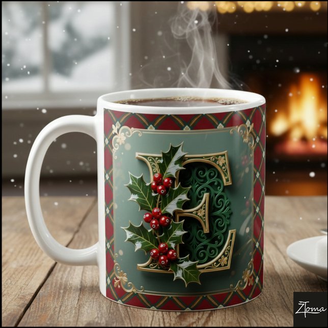 Caneca De Café Elegant Gold Holly Christmas Initial Letter E (Criador carregado)