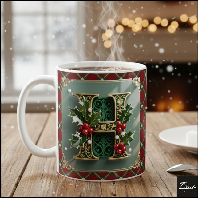 Caneca De Café Elegant Gold Holly Christmas Initial Letter H (Criador carregado)