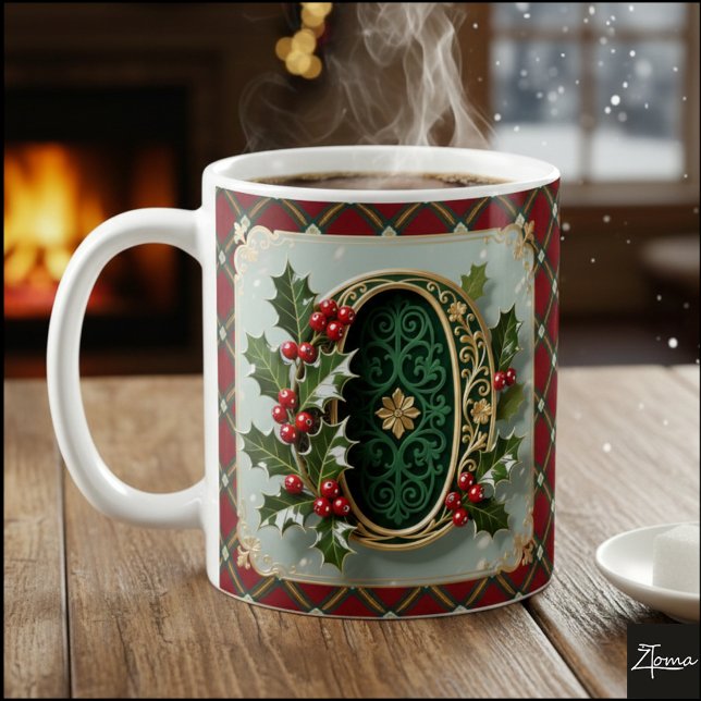Caneca De Café Elegant Gold Holly Christmas Initial Letter O (Criador carregado)
