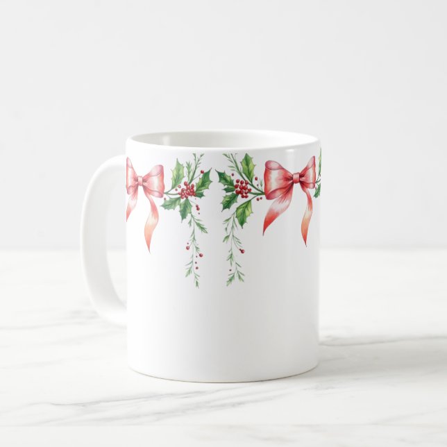 Caneca De Café Elegant Holiday Bow with Holly Leaves Design (Frente Esquerda)