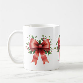 Caneca De Café Elegant Holiday Bow with Holly Leaves Design