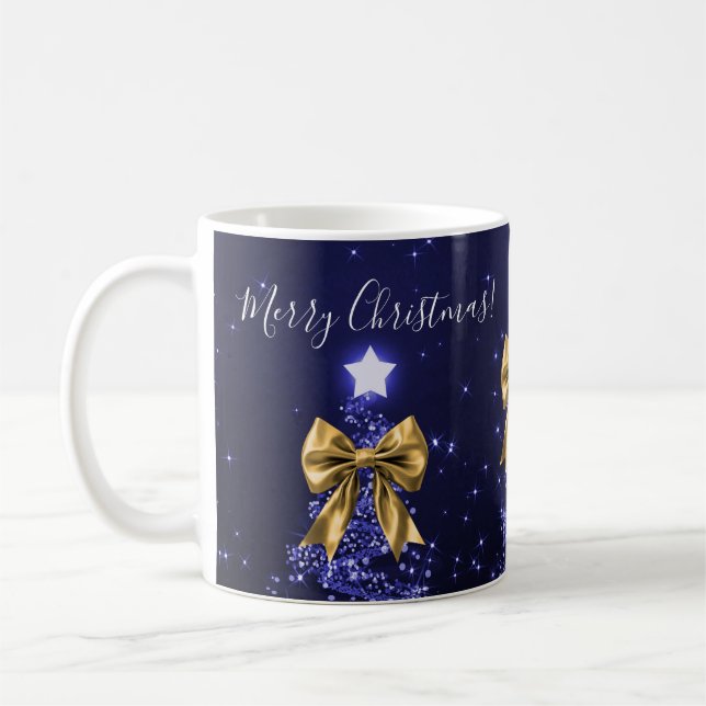Caneca De Café Elegant Holiday Navy Christmas Trees Bows Gold  (Esquerda)