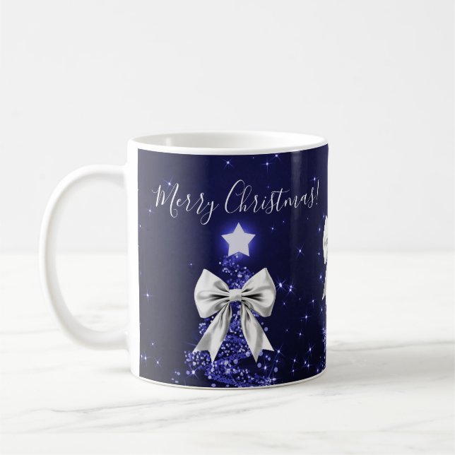 Caneca De Café Elegant Holiday Navy Christmas Trees Silver Bows (Esquerda)