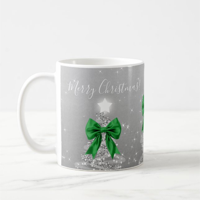 Caneca De Café Elegant Holiday Silver Christmas Trees Green Bows (Esquerda)