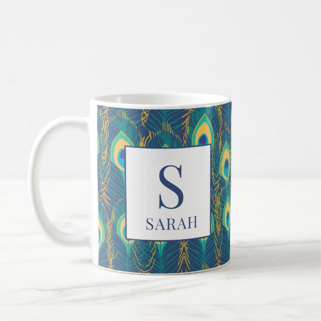 Caneca De Café Elegant Peacock Feather Monogram Custom Name Mug (Esquerda)