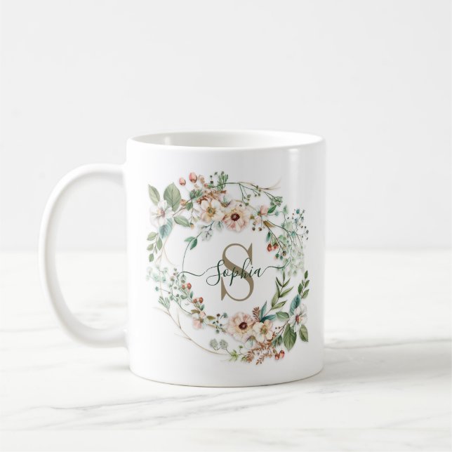 Caneca De Café Elegant Personalized Floral Monogram Name Gift (Esquerda)