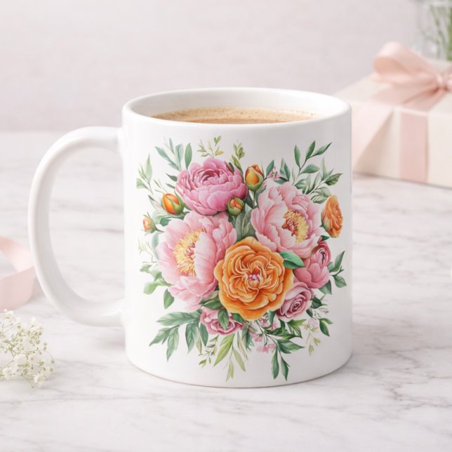 Caneca De Café Elegant Pink Peony Rose Floral Bouquet Coffee Mug (Criador carregado)