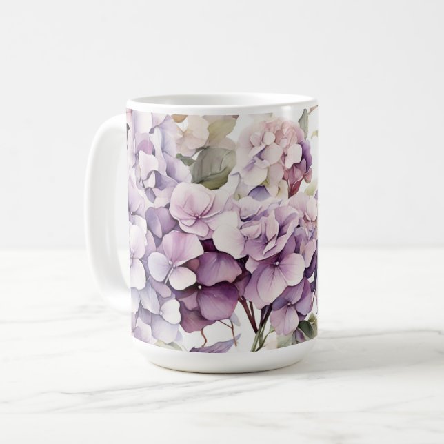 Caneca De Café Elegant pink purple watercolor hydrangeas  (Frente Esquerda)