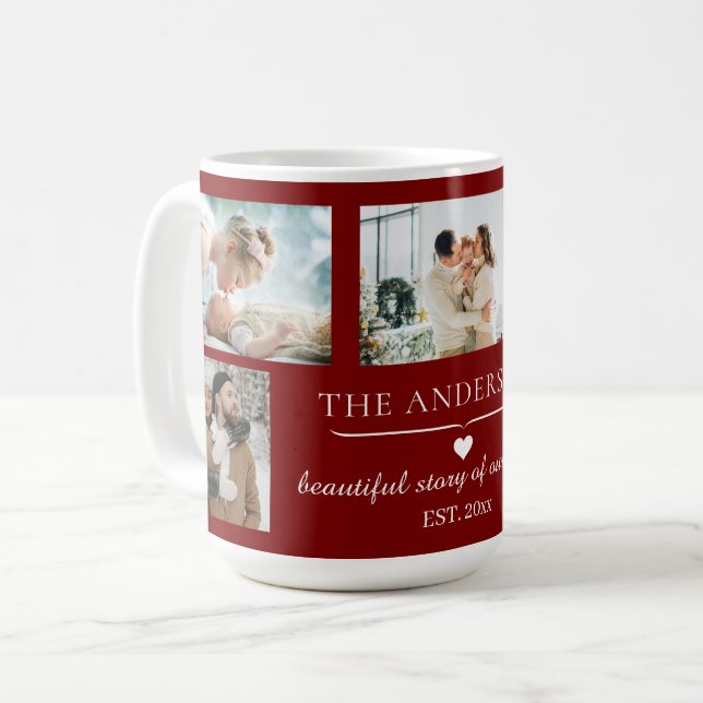 Caneca De Café Elegant Red 5-Photo Family Collage Custom (Frente Esquerda)