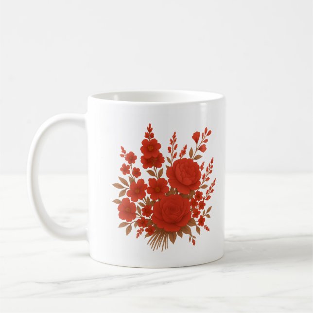 Caneca De Café Elegant Red Floral Bouquet with Roses Romantic (Esquerda)