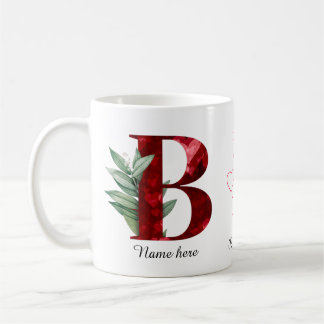 Caneca De Café Elegant Red Heart Floral Letter B Initial Coffee 
