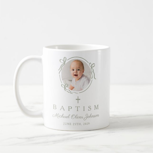 Caneca De Café Elegant Sage Green Bow Boy Photo Baptism (Esquerda)