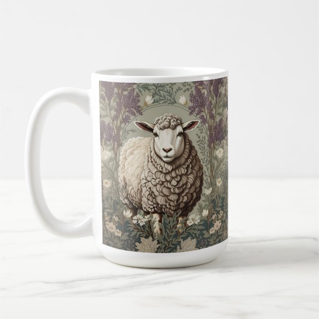 Caneca De Café Elegant Sheep Lavender Flower Background (Esquerda)