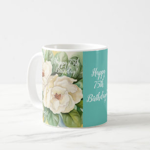 Caneca De Café Elegante 75º Aniversário Teal Floral Magnolia Nome