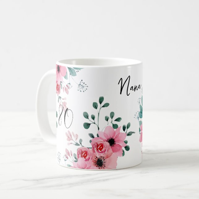 Caneca De Café Elegante 80 Floral Rosa Birthday Nana (Frente Esquerda)