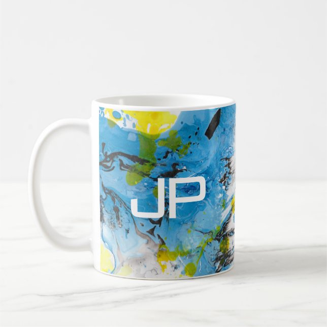 Caneca De Café Elegante Abstrato de arte moderna azul amarelo (Esquerda)