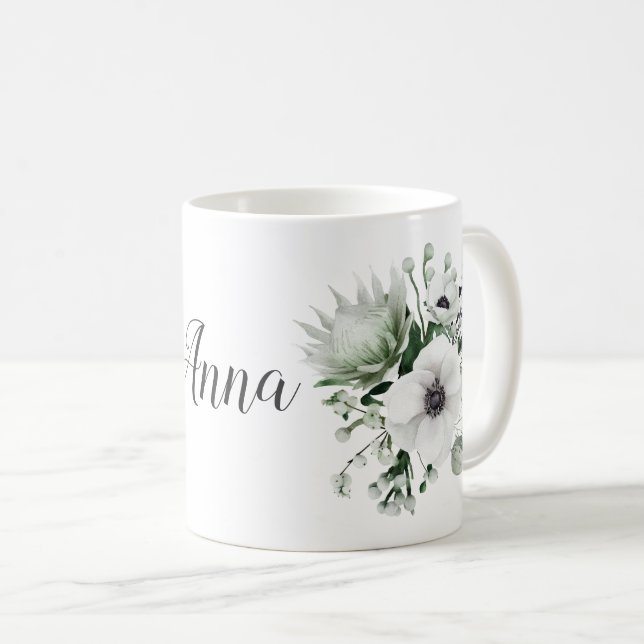 Caneca De Café Elegante Anêmonas Brancas Protea Eucalyptus (Frente Esquerda)