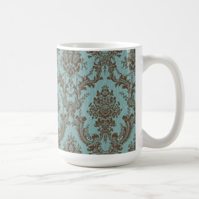 Caneca De Café Elegante Aquamarine & Chocolate Padrão Damask | Vi (Direita)