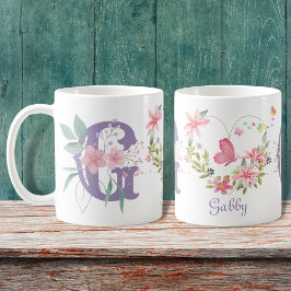 Caneca De Café Elegante Aquarela Borboleta Floral Monograma G