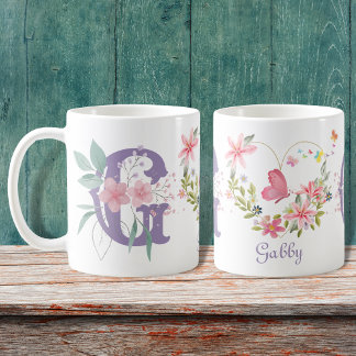 Caneca De Café Elegante Aquarela Borboleta Floral Monograma G