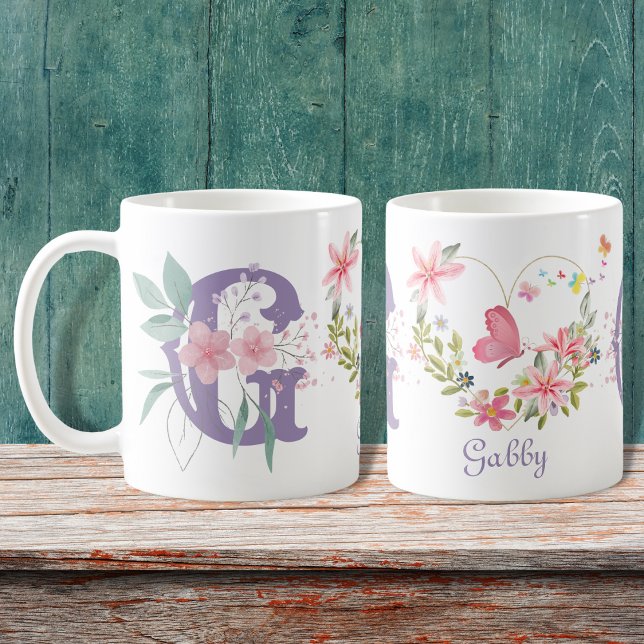Caneca De Café Elegante Aquarela Borboleta Floral Monograma G (Criador carregado)