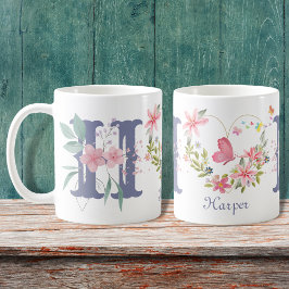 Caneca De Café Elegante Aquarela Borboleta Floral Monograma H