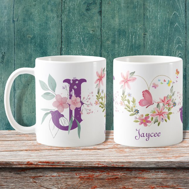 Caneca De Café Elegante Aquarela Borboleta Floral Monograma J (Criador carregado)