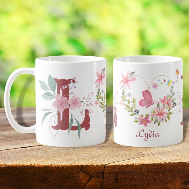 Caneca De Café Elegante Aquarela Borboleta Floral Monograma L (Criador carregado)