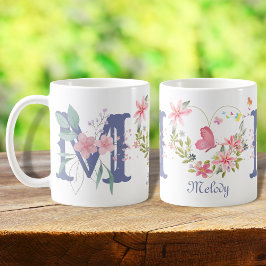 Caneca De Café Elegante Aquarela Borboleta Floral Monograma M