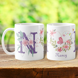 Caneca De Café Elegante Aquarela Borboleta Floral Monograma N