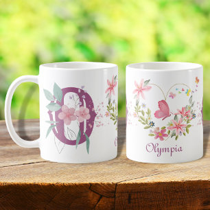 Caneca De Café Elegante Aquarela Borboleta Floral Monograma O