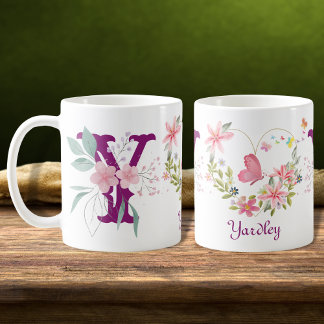 Caneca De Café Elegante Aquarela Borboleta Floral Monograma Y