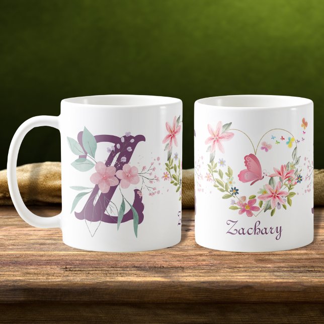 Caneca De Café Elegante Aquarela Borboleta Floral Monograma Z (Criador carregado)