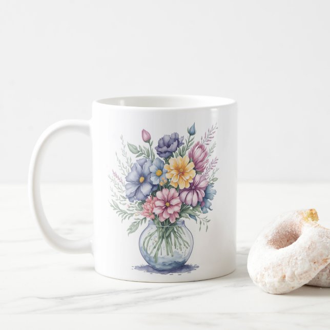 Caneca De Café Elegante Aquarela Buquê Flor Flor Arte Selvagem (Com Donut)