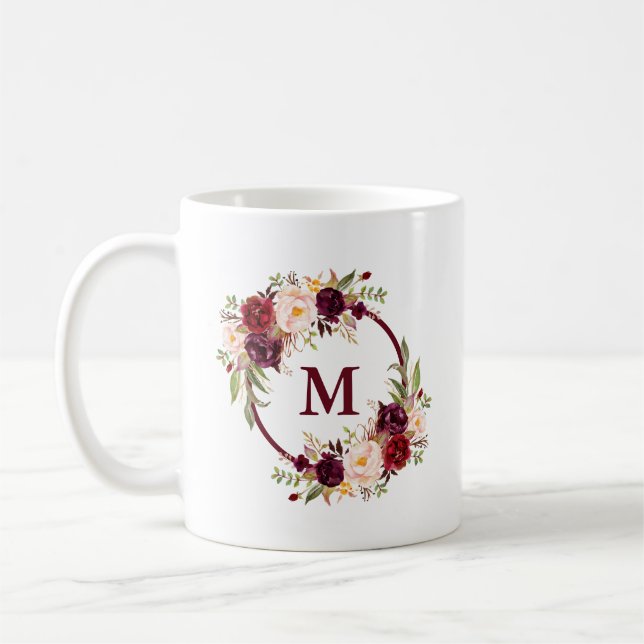 Caneca De Café Elegante Aquarela Monograma Floral Burgundy (Esquerda)