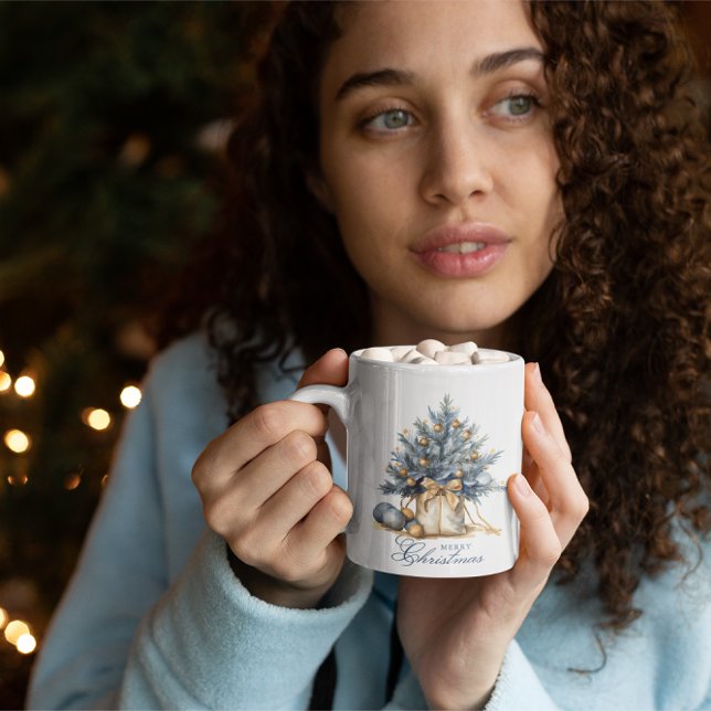 Caneca De Café Elegante Árvore de Natal Dourada Azul (Criador carregado)