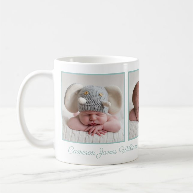 Caneca De Café Elegante Baby Photo Collage Mint Green Script (Esquerda)